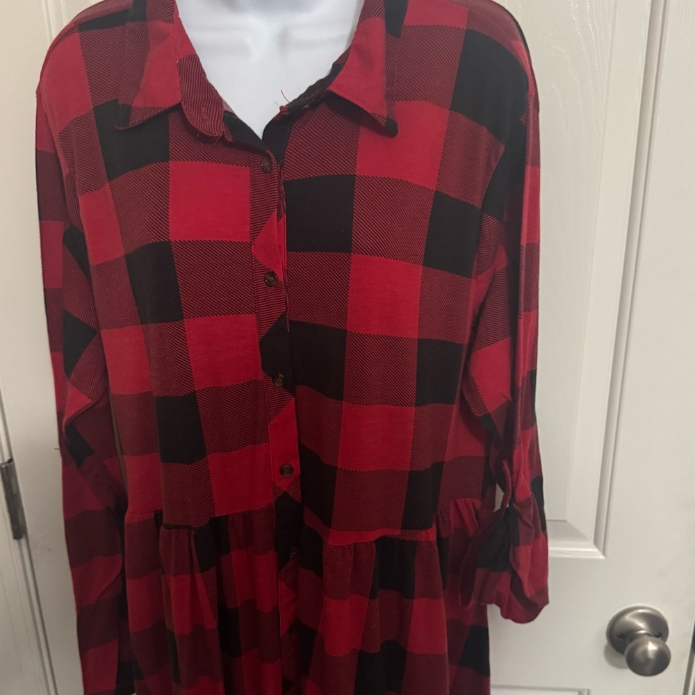 No Comment Womens 3X Red Black Buffalo Plaid Button Up Flannel Dress Gift NWT